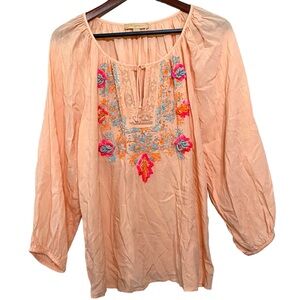Kyra Beaded Embroidered Boho Peach Blouse Size Large